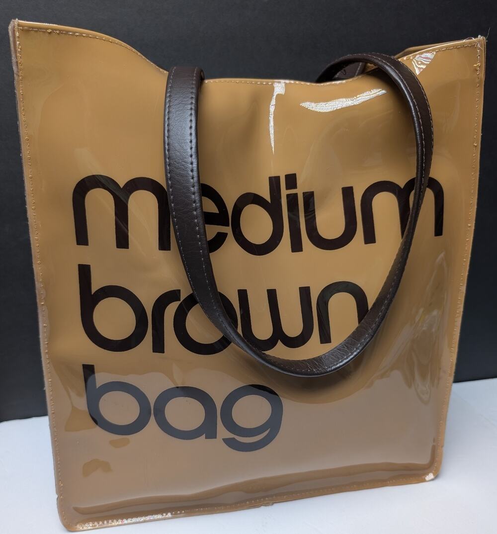 Bloomingdales Medium Brown Bag Tan Glossy Vinyl Open Tote Shoulder Bag Trendy GC